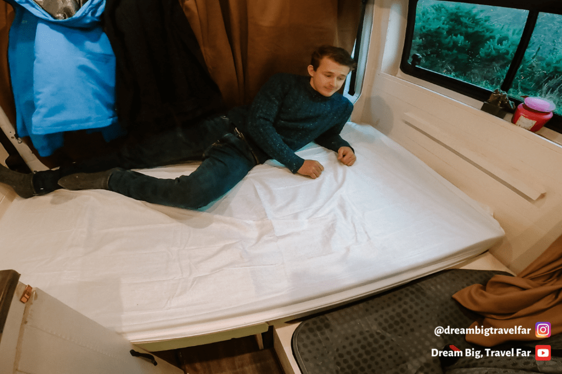 guest bed in camper van dreambigtravelfar